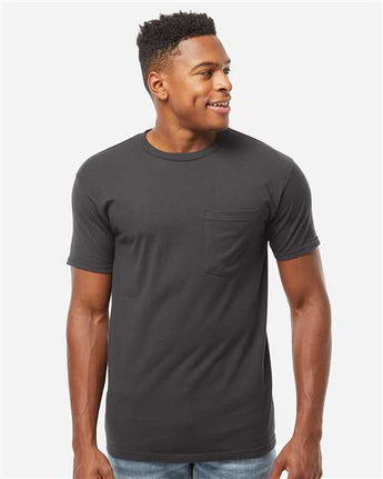 Pretreated Tultex 293 Unisex Heavyweight Jersey Pocket T-Shirt - Charcoal - On Model
