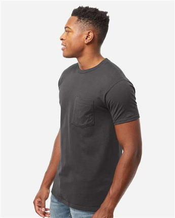 Pretreated Tultex 293 Unisex Heavyweight Jersey Pocket T-Shirt - Charcoal - On Model - Side
