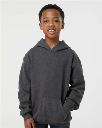 Pretreated Tultex 320Y Youth Hooded Sweatshirt - Heather Charcoal - On Model