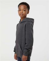 Pretreated Tultex 320Y Youth Hooded Sweatshirt - Heather Charcoal - On Model - Side