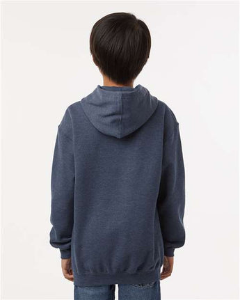 Pretreated Tultex 320Y Youth Hooded Sweatshirt - Heather Denim - On Model - Back