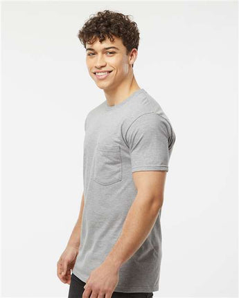 Pretreated Tultex 293 Unisex Heavyweight Jersey Pocket T-Shirt - Heather Grey - On Model - Side