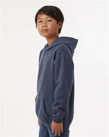 Pretreated Tultex 320Y Youth Hooded Sweatshirt - Heather Denim - On Model - Side