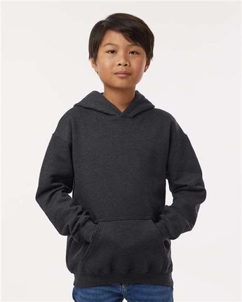 Pretreated Tultex 320Y Youth Hooded Sweatshirt - Heather Graphite - On Model