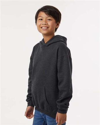 Pretreated Tultex 320Y Youth Hooded Sweatshirt - Heather Graphite - On Model - Side