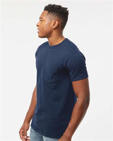 Pretreated Tultex 293 Unisex Heavyweight Jersey Pocket T-Shirt - Navy - On Model - Side