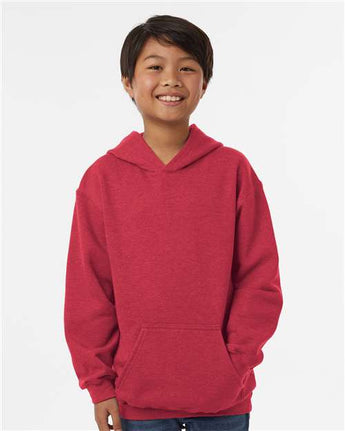 Pretreated Tultex 320Y Youth Hooded Sweatshirt - Heather Red - On Model