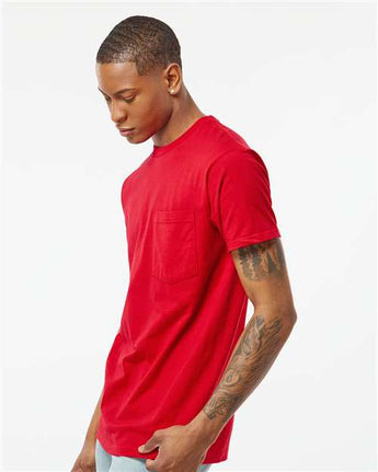Pretreated Tultex 293 Unisex Heavyweight Jersey Pocket T-Shirt - Red - On Model - Side