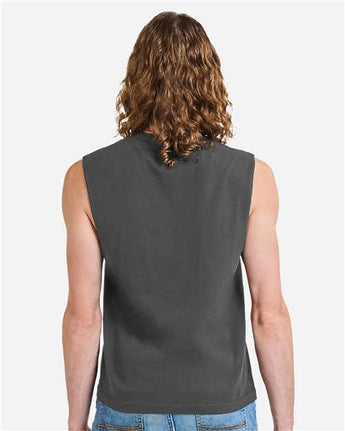 Pretreated American Apparel 207GD Unisex Heavyweight Cotton Garment-Dyed Boxy Muscle Tee - Faded Black - On Model - Back