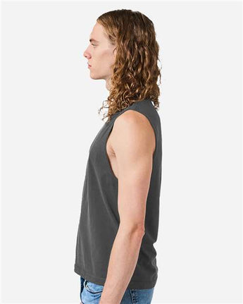 Pretreated American Apparel 207GD Unisex Heavyweight Cotton Garment-Dyed Boxy Muscle Tee - Faded Black - On Model - Side