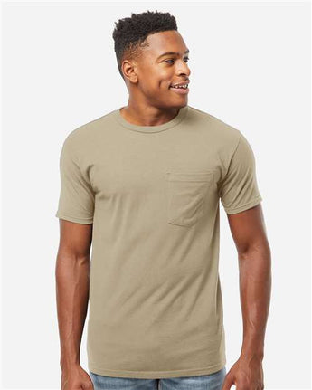 Pretreated Tultex 293 Unisex Heavyweight Jersey Pocket T-Shirt - Sand - On Model