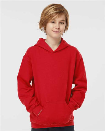 Pretreated Tultex 320Y Youth Hooded Sweatshirt - Red - On Model