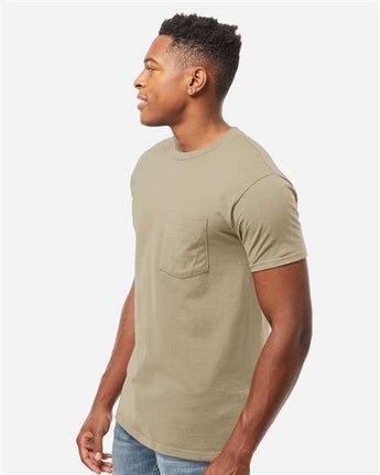 Pretreated Tultex 293 Unisex Heavyweight Jersey Pocket T-Shirt - Sand - On Model - Side