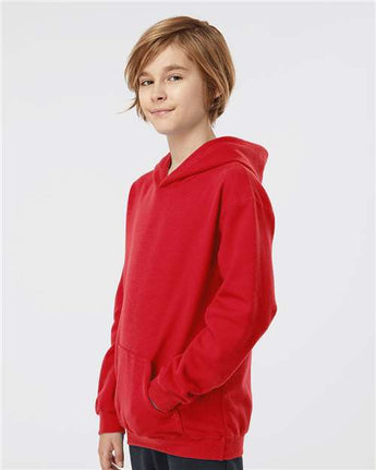 Pretreated Tultex 320Y Youth Hooded Sweatshirt - Red - On Model - Side