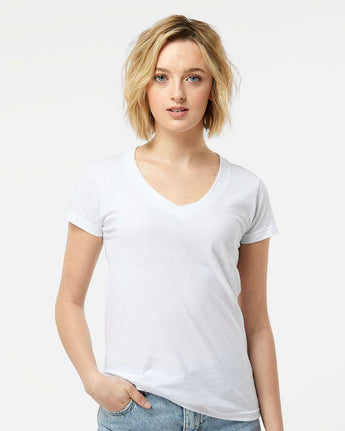 Pretreated Tultex 214 Women's Fine Jersey V-Neck T-Shirt - White