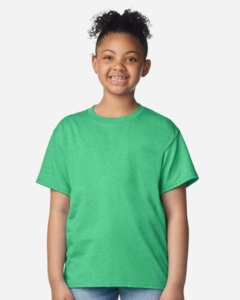 Pretreated Gildan 3000B Youth Light Cotton T-Shirt - Model wearing Heather Irish Green tee.