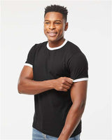 Pretreated Tultex 246 Unisex Fine Jersey Ringer T-Shirt - Black/ White - On Model - Side