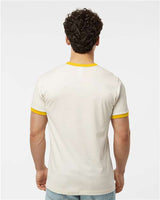 Pretreated Tultex 246 Unisex Fine Jersey Ringer T-Shirt - Vintage White/ Mellow Yellow - On Model - Back