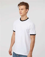 Pretreated Tultex 246 Unisex Fine Jersey Ringer T-Shirt - White/ Black - On Model - Side