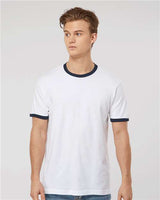 Pretreated Tultex 246 Unisex Fine Jersey Ringer T-Shirt - White/ Navy - On Model