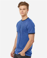 Pretreated Tultex 246 Unisex Fine Jersey Ringer T-Shirt - Heather Royal/ Navy - On Model - Side