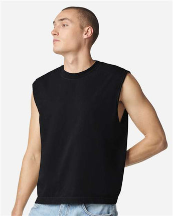 Pretreated American Apparel 207GD Unisex Heavyweight Cotton Garment-Dyed Boxy Muscle Tee - True Black - On Model