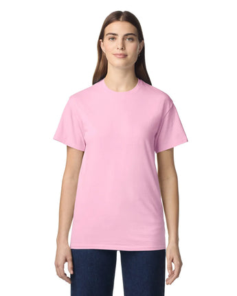 Pretreated Gildan 3000 Light Cotton T-Shirt - Model wearing Light Pink color shirt