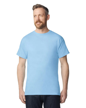 Pretreated Gildan 3000 Light Cotton T-Shirt - Model wearing Light Blue color shirt