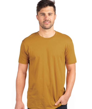 Pretreated Next Level 3600 Unisex Cotton Short Sleeve Crew - Model wearing Antique Gold color shirt.