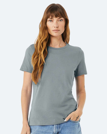 Pretreated BELLA+CANVAS 6400 Women's Relaxed Jersey Tee Dusty Blue Model