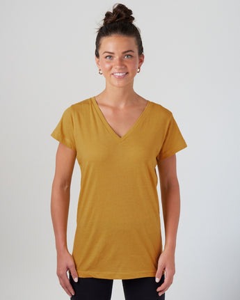 Pretreated Enza 02379 Ladies Essential Relaxed V-Neck Tee - Heather Mustard