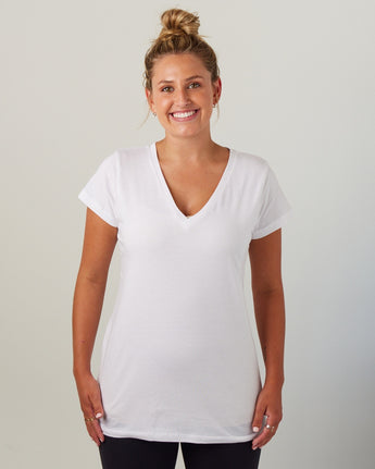 Pretreated Enza 02379 Ladies Essential Relaxed V-Neck Tee - White