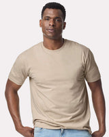 Pretreated Gildan 3000 Light Cotton T-Shirt - Model wearing Sand color shirt