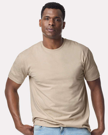 Pretreated Gildan 3000 Light Cotton T-Shirt - Model wearing Sand color shirt