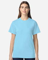 Pretreated Gildan 3000 Light Cotton T-Shirt - Model wearing Sky color shirt