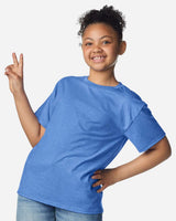 Pretreated Gildan 3000B Youth Light Cotton T-Shirt - Model wearing Heather Royal tee.