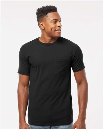 Pretreated Tultex 293 Unisex Heavyweight Jersey Pocket T-Shirt - Black - On Model