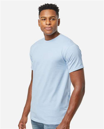 Pretreated Tultex 290 Unisex Heavyweight Jersey T-Shirt - Baby Blue - On Model - Side