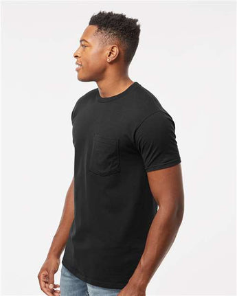Pretreated Tultex 293 Unisex Heavyweight Jersey Pocket T-Shirt - Black - On Model - Side