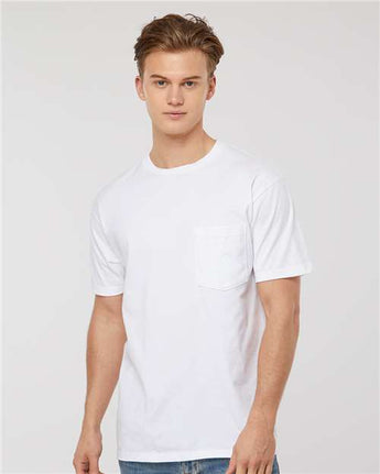 Pretreated Tultex 293 Unisex Heavyweight Jersey Pocket T-Shirt - White - On Model