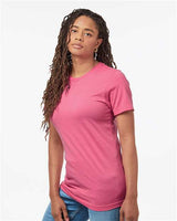 Pretreated Tultex 602CVC Unisex Combed CVC T-Shirt - Heather Charity Pink - On Model - Side