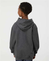 Pretreated Tultex 320Y Youth Hooded Sweatshirt - Heather Charcoal - On Model - Back