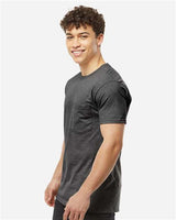Pretreated Tultex 293 Unisex Heavyweight Jersey Pocket T-Shirt - Heather Charcoal - On Model - Side