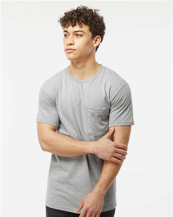 Pretreated Tultex 293 Unisex Heavyweight Jersey Pocket T-Shirt - Heather Grey - On Model