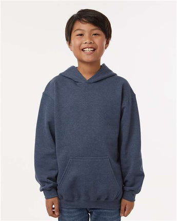 Pretreated Tultex 320Y Youth Hooded Sweatshirt - Heather Denim - On Model