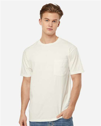 Pretreated Tultex 293 Unisex Heavyweight Jersey Pocket T-Shirt - Natural - On Model