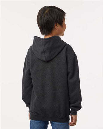 Pretreated Tultex 320Y Youth Hooded Sweatshirt - Heather Graphite - On Model - Back