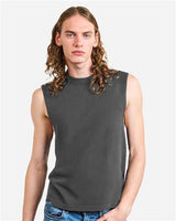 Pretreated American Apparel 207GD Unisex Heavyweight Cotton Garment-Dyed Boxy Muscle Tee - Faded Black - On Model