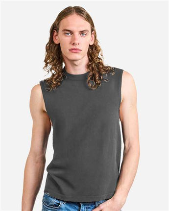 Pretreated American Apparel 207GD Unisex Heavyweight Cotton Garment-Dyed Boxy Muscle Tee - Faded Black - On Model