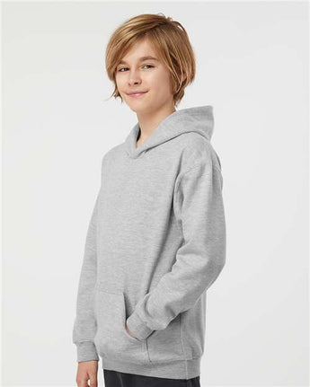 Pretreated Tultex 320Y Youth Hooded Sweatshirt - Heather Grey - On Model - Side